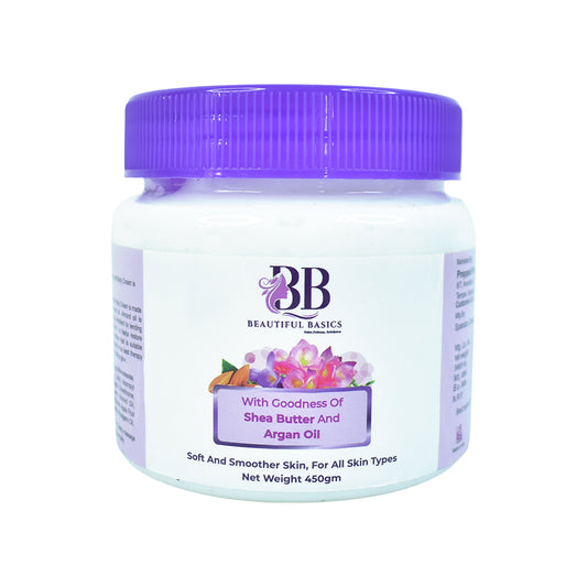 Wukusy Beautiful Basics Shea Butter and Argan Oil Body Cream in a 450g jar with a creamy texture and natural ingredients.