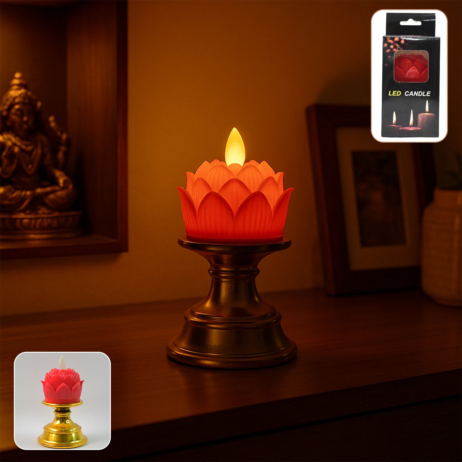 Wukusy premium lotus-shaped LED flameless candle with decorative holder, home decor, soft glowing, safe and stylish for any space