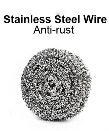 Six Wukusy stainless steel round scrubbers for kitchen cleaning, durable and effective for scrubbing pots and pans.