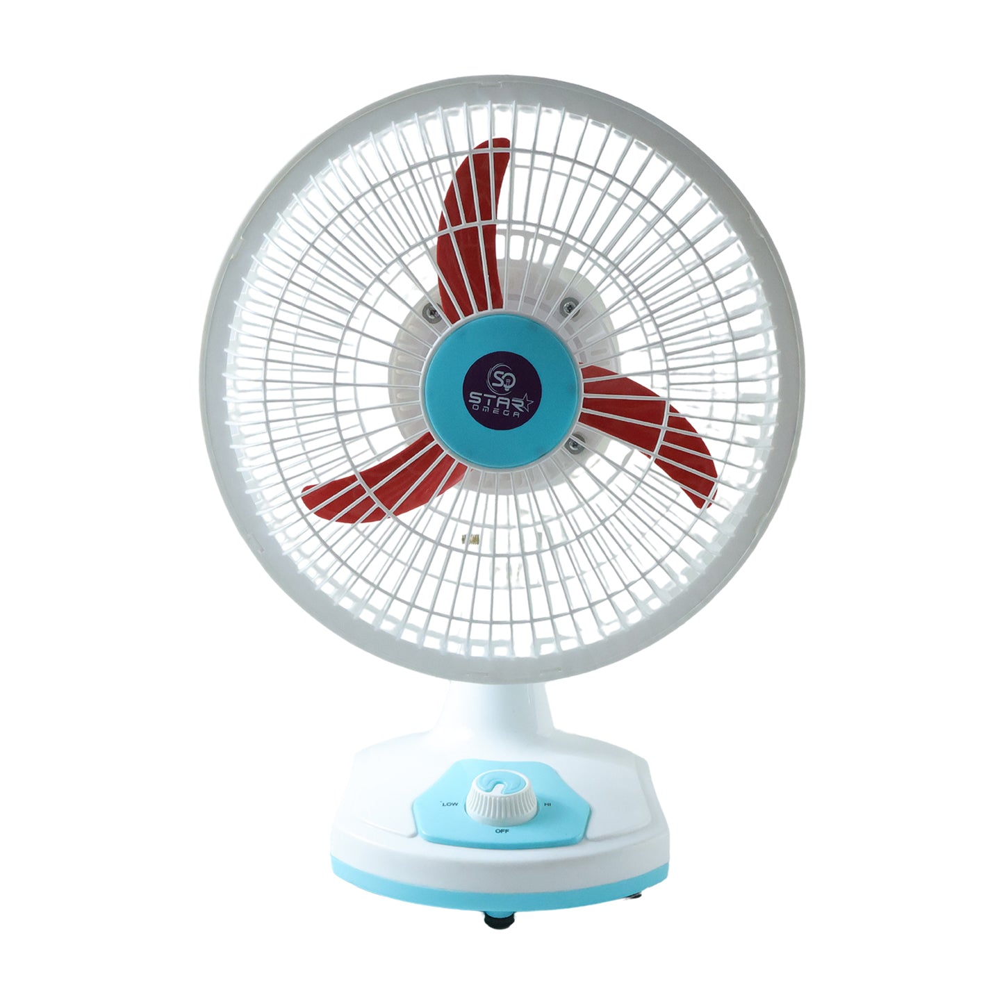 Wukusy Omega 12V rechargeable table fan with LED light, compact portable fan on a table, black color, battery-powered design