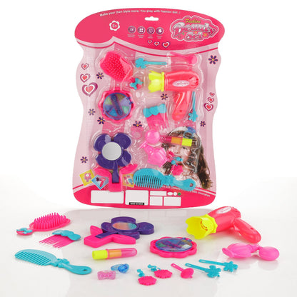 Colorful 1921 Girls Bring Along Beauty Suitcase makeup vanity toy by Wukusy with mirror, compartments, and pretend makeup accessories.