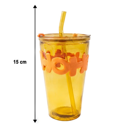 Transparent glass tumbler with lid and straw by Wukusy, 450 ml capacity, showing clear glass, lid, and straw inside.