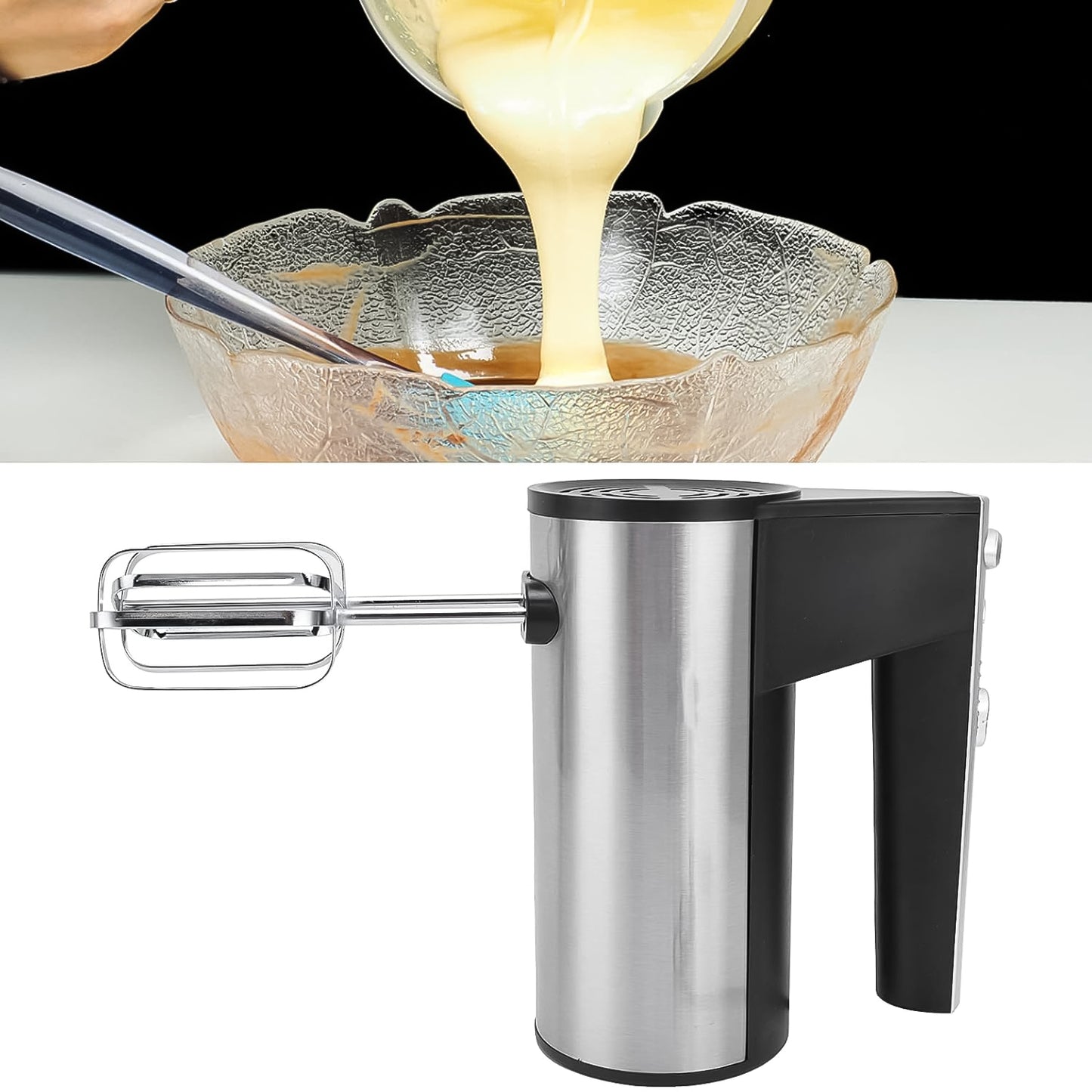 Wukusy Orbit stainless steel electric hand mixer with 450W motor, showing beaters and control buttons in a home kitchen setting.