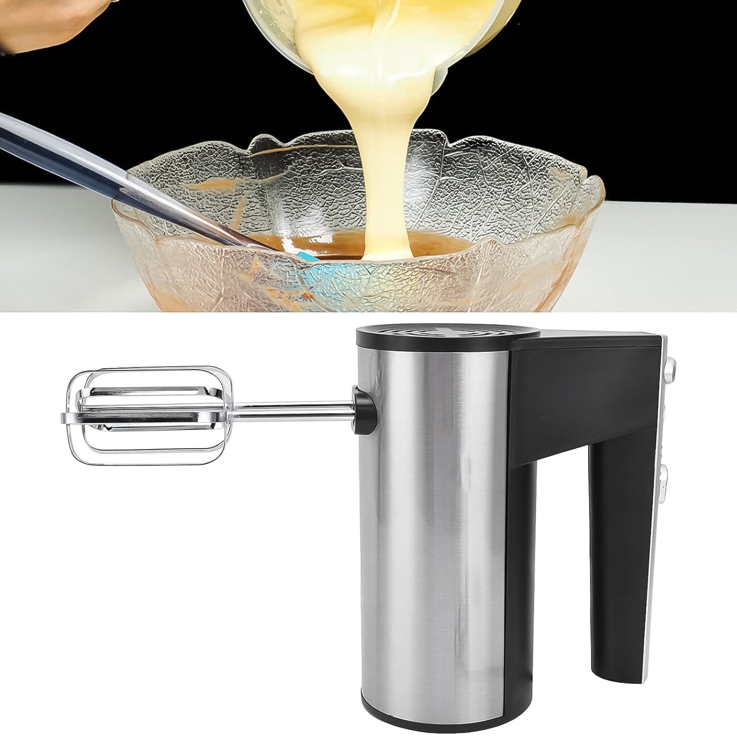 Wukusy Orbit stainless steel electric hand mixer with 450W motor, showing beaters and control buttons in a home kitchen setting.