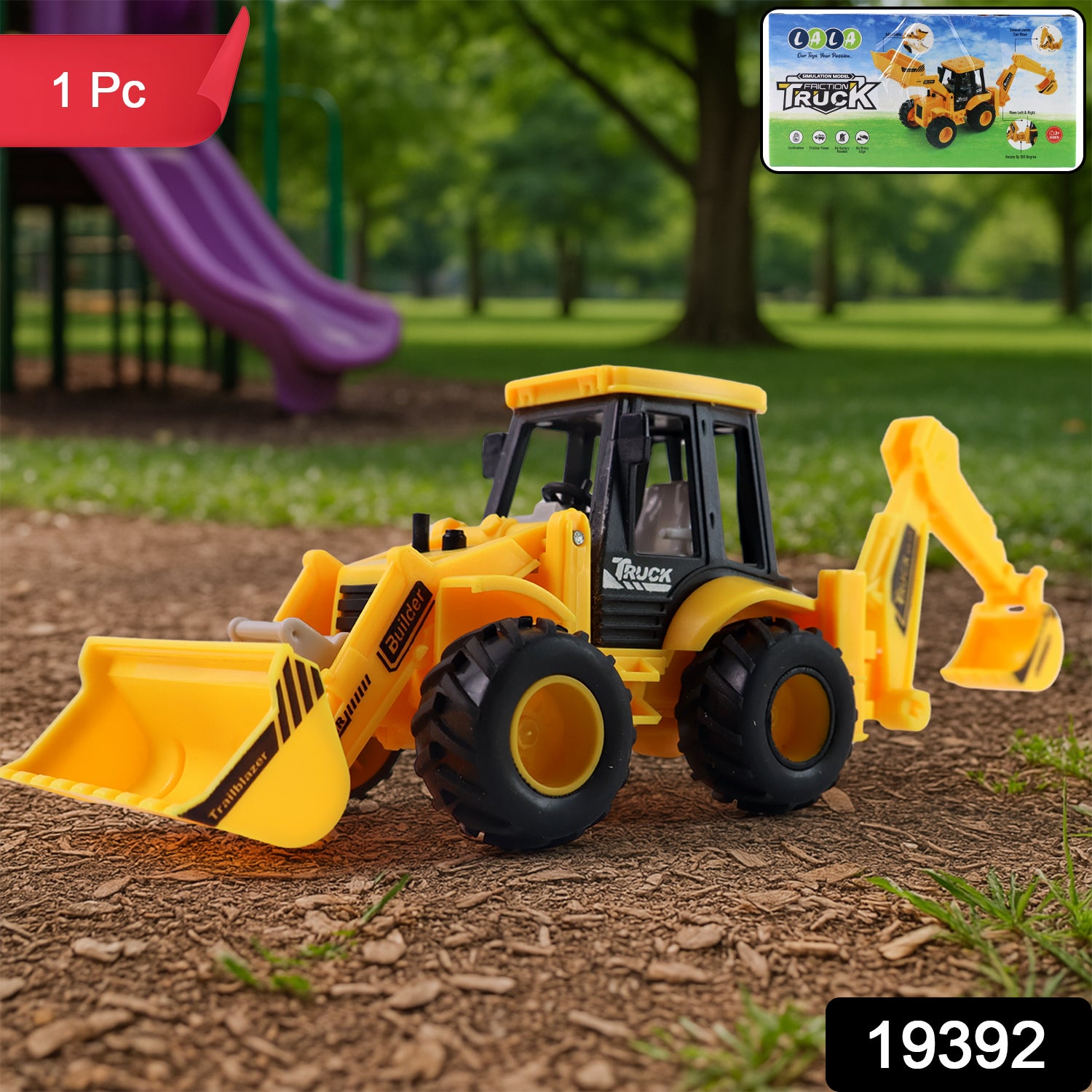 Wukusy Lala Friction Powered JCB Style Backhoe Loader Construction Toy Truck for kids, detailed plastic construction vehicle with moving parts.