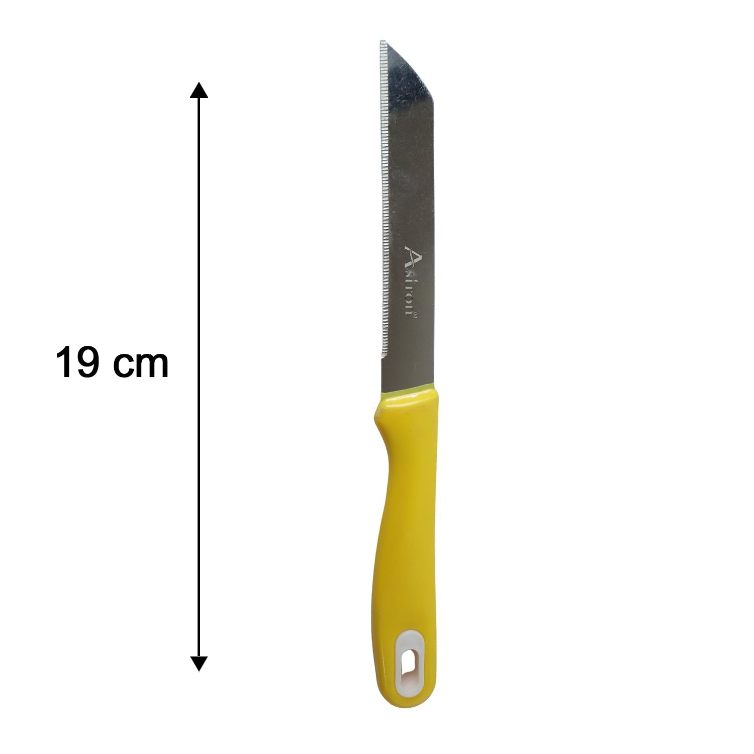 Wukusy 4-piece kitchen knife set with plastic handles and a stainless steel peeler, including chef knife, utility knife, and peeler.