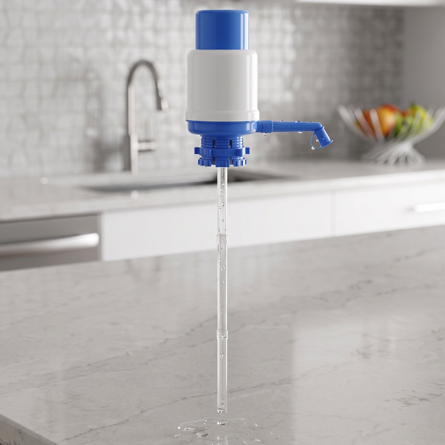 Wukusy manual hand pump dispenser for 20-liter water cans, showing the pump handle and spout attached to the water container.