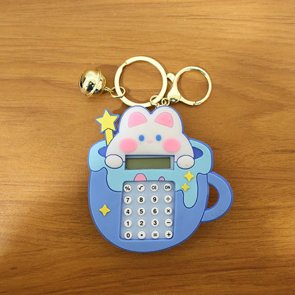 Wukusy cute cartoon bunny calculator keychain with mini digital display, featuring a small plush bunny and digital screen on a keyring.