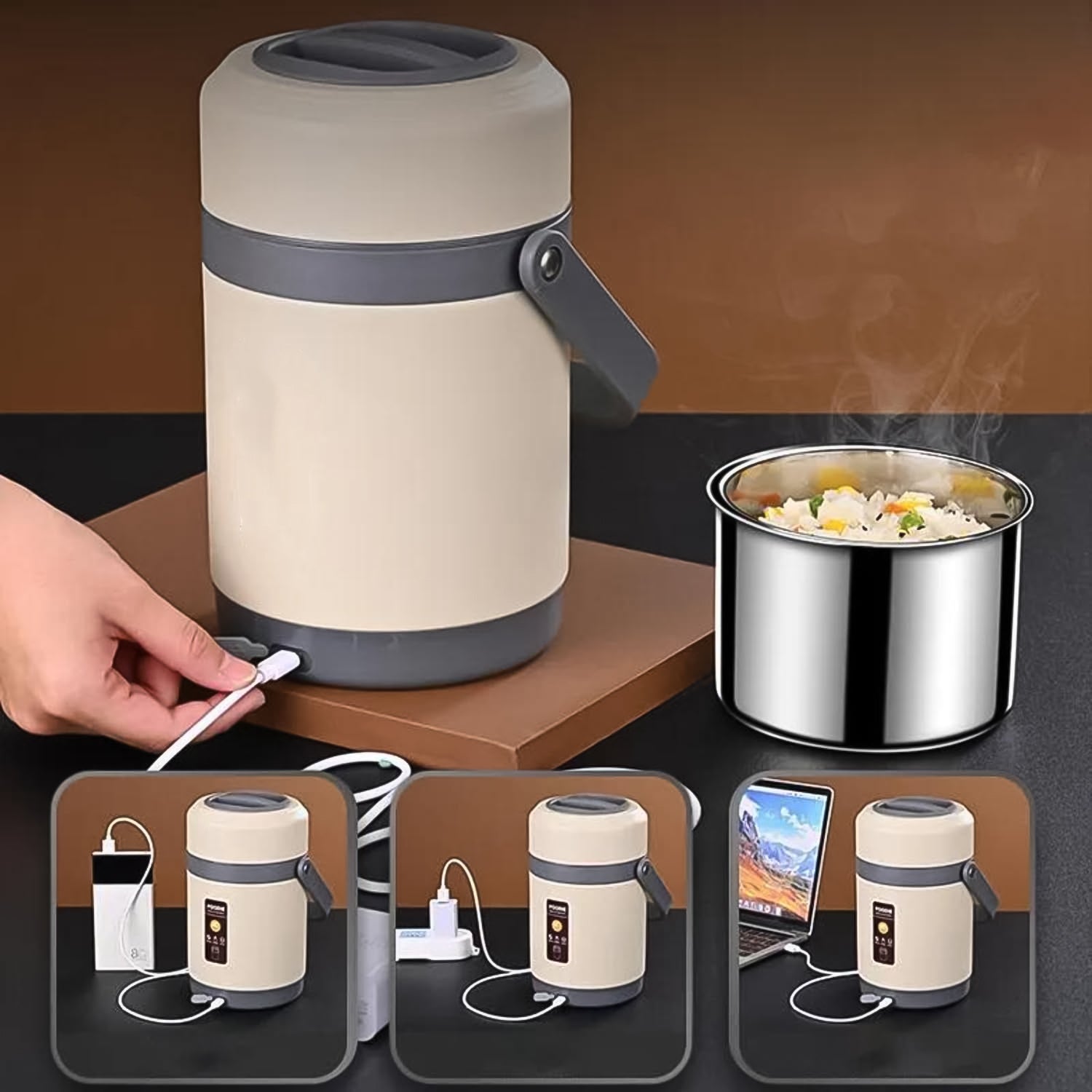 Wukusy USB electric heated lunch box with 2-liter capacity, portable kitchen tool for warm meals on the go.