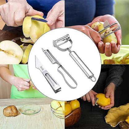Wukusy 3-in-1 stainless steel vegetable and fruit peeler set with three different peeler tools on a white background