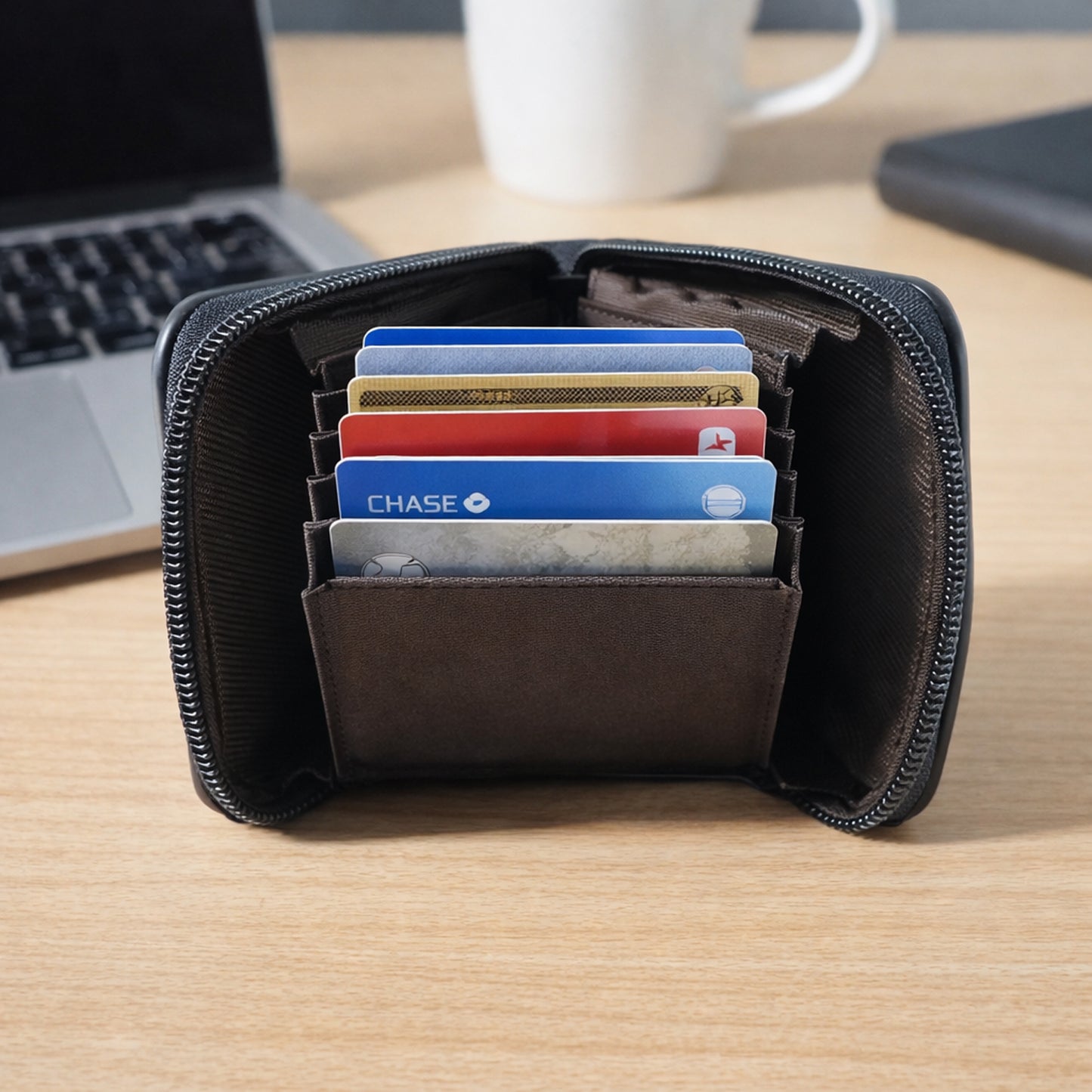 Wukusy compact zip-around card holder wallet for men and women with multiple card slots and secure zipper closure.