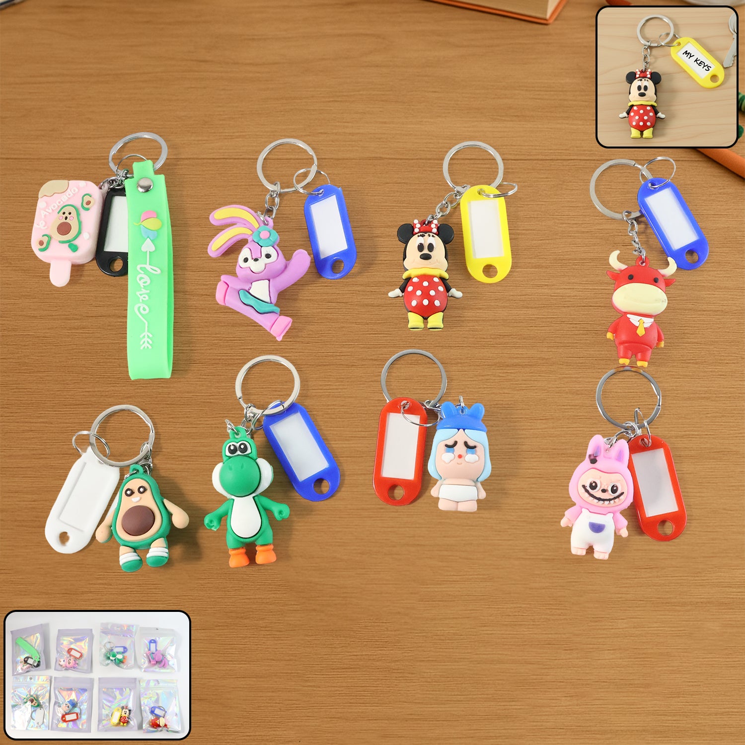 Wukusy cartoon character keychain with a name tag, featuring a colorful, playful design on a metal keyring.