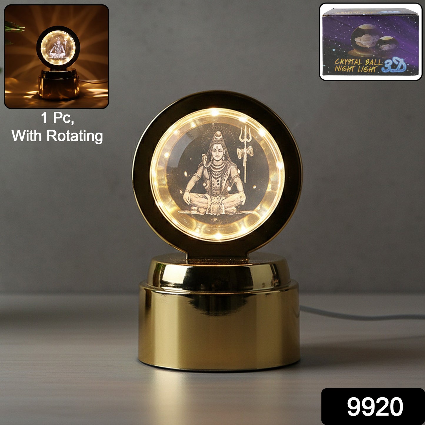Wukusy Mahadev 3D crystal ball night light featuring intricate Mahadev design and warm illumination in a clear glass sphere