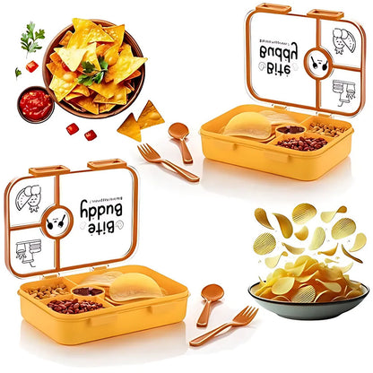 Wukusy Bite Buddy plastic lunch box with four compartments, leak-resistant design, included spoon and fork for easy packing.