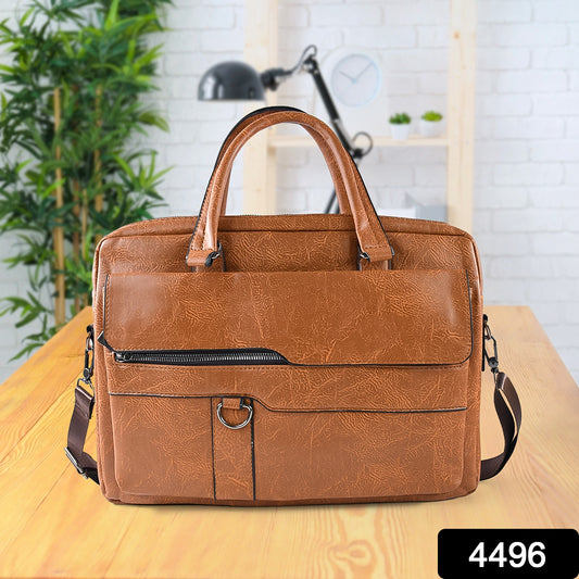 Wukusy premium faux leather messenger briefcase with shoulder strap, ideal for office use, featuring multiple compartments and a sleek design.