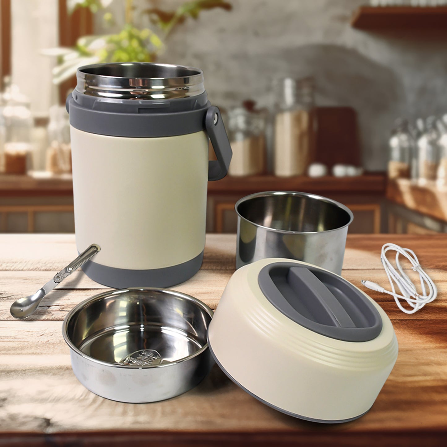 Wukusy USB electric heated lunch box with 2-liter capacity, compact kitchen tool for keeping meals warm.