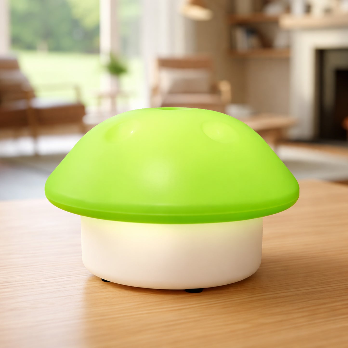 Cute mushroom-shaped LED night lamp by Wukusy, showing a soft glowing light and adorable mushroom design in a cozy setting.