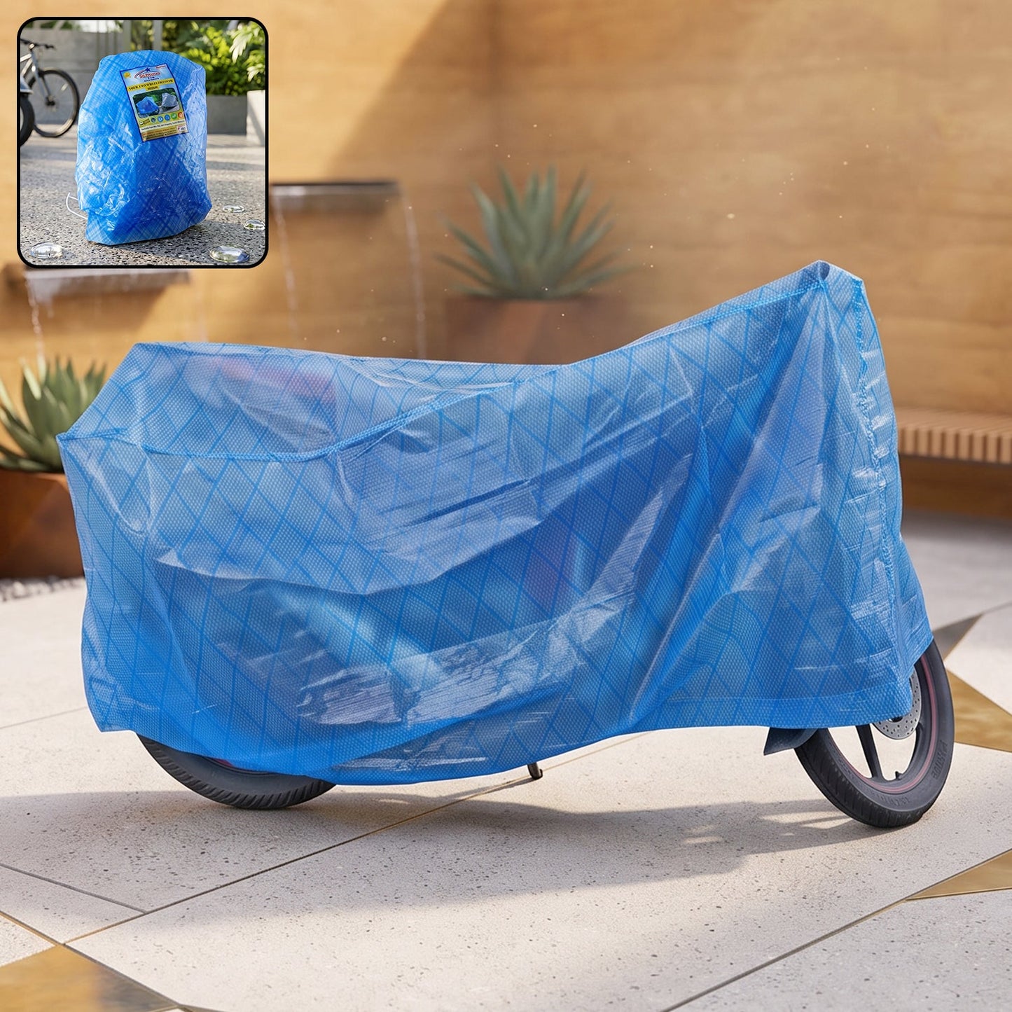Medium waterproof two-wheeler cover by Wukusy, rainproof and dust-resistant, measuring 152x70 cm, for motorcycle or scooter protection.