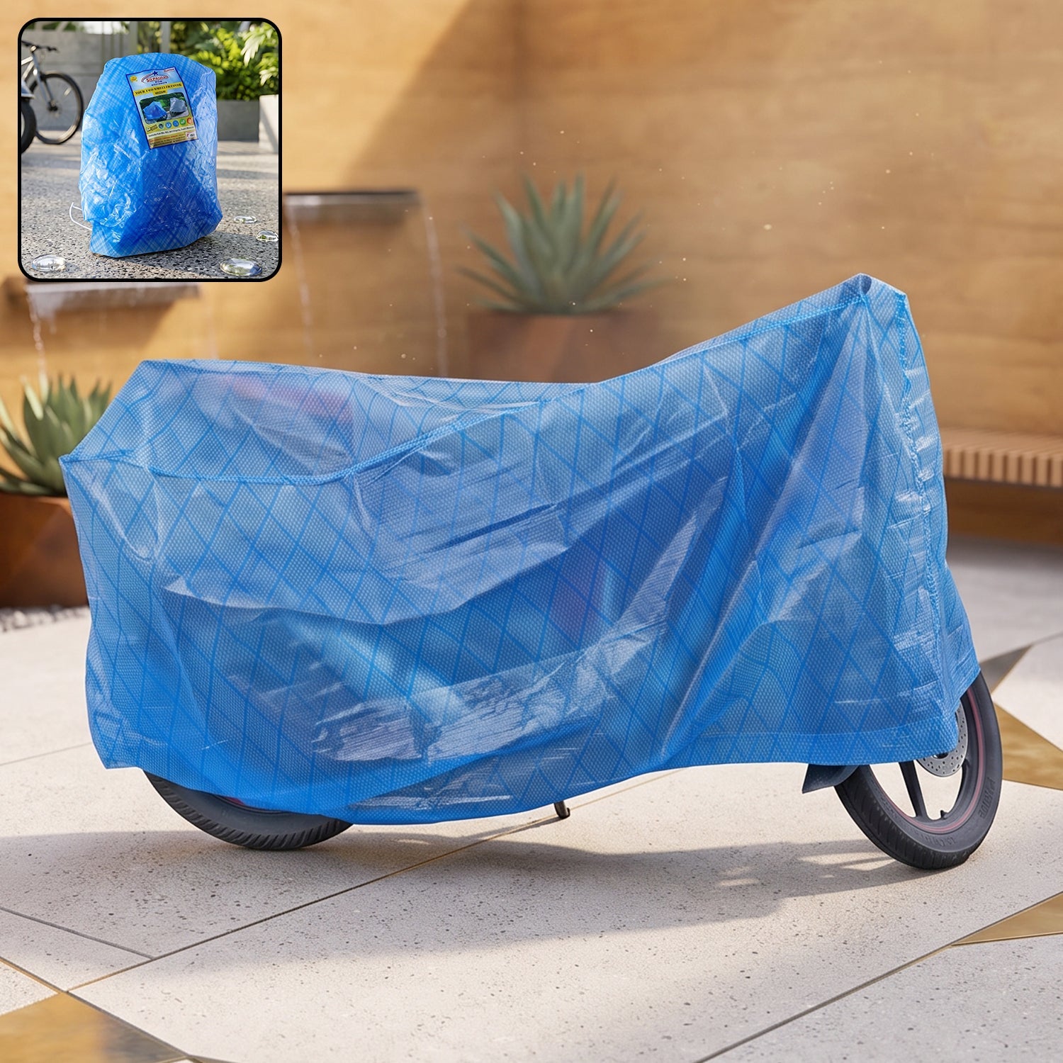 Medium waterproof two-wheeler cover by Wukusy, rainproof and dust-resistant, measuring 152x70 cm, for motorcycle or scooter protection.