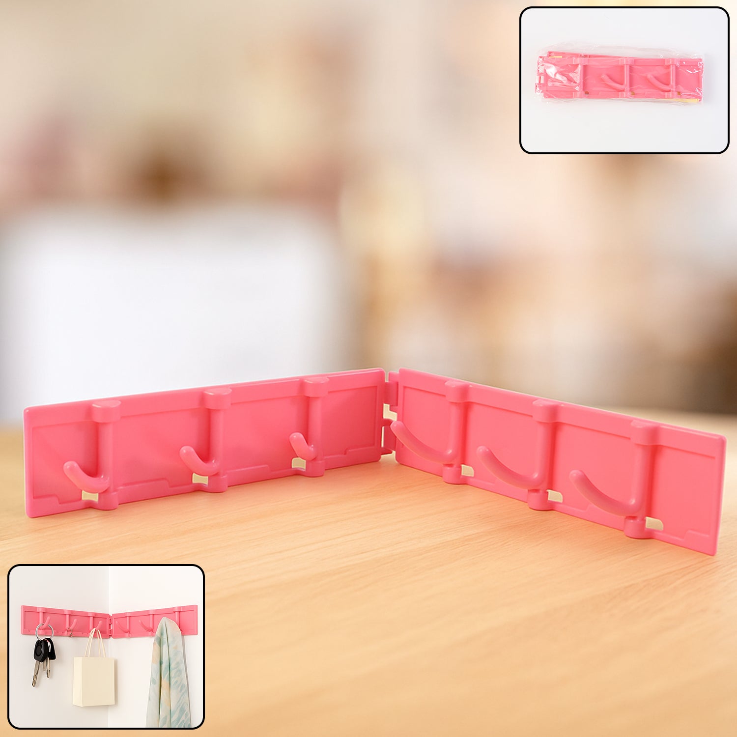 Wukusy foldable wall-mounted 6-hook rack with rotating design, ideal for home and kitchen organization, mounted on a wall.