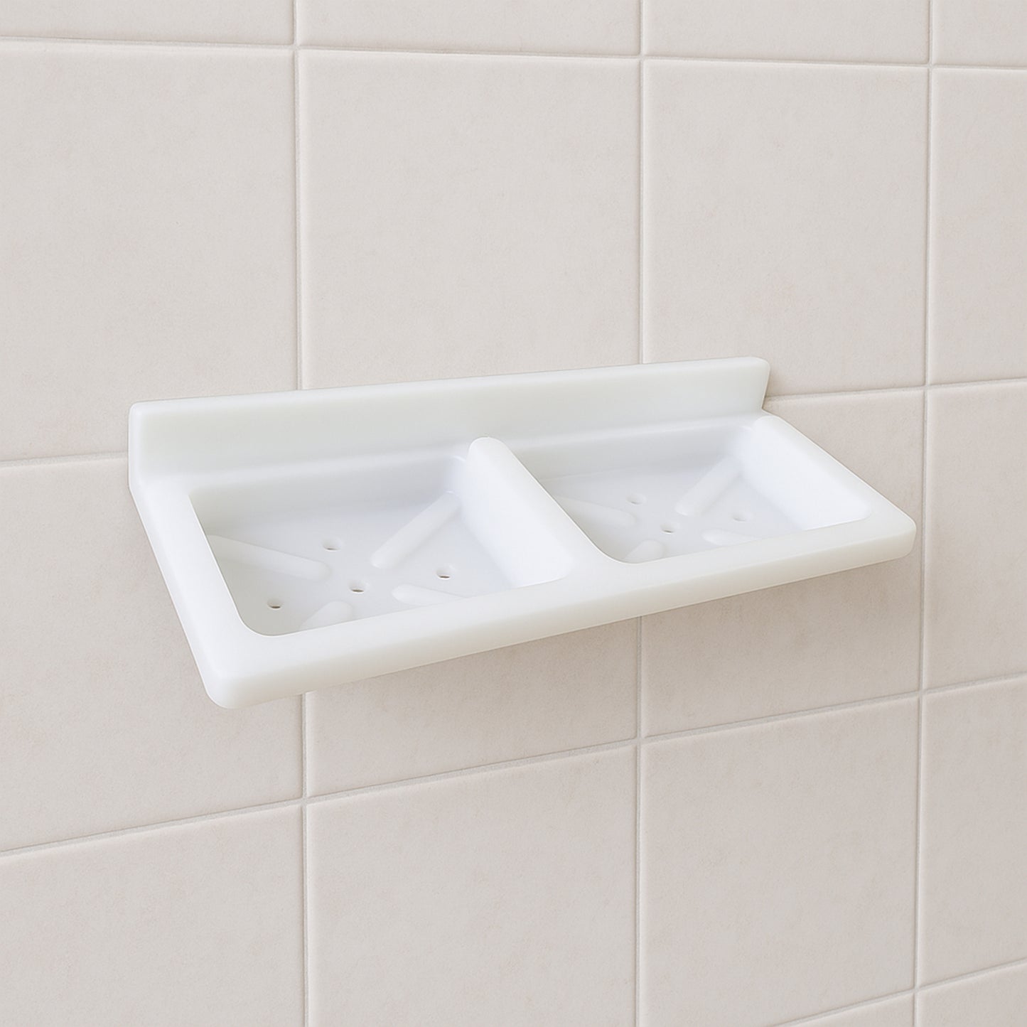 Wall mounted double compartment soap and sponge holder by Wukusy, made of durable material for home organization.