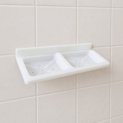 Wall mounted double compartment soap and sponge holder by Wukusy, made of durable material for home organization.