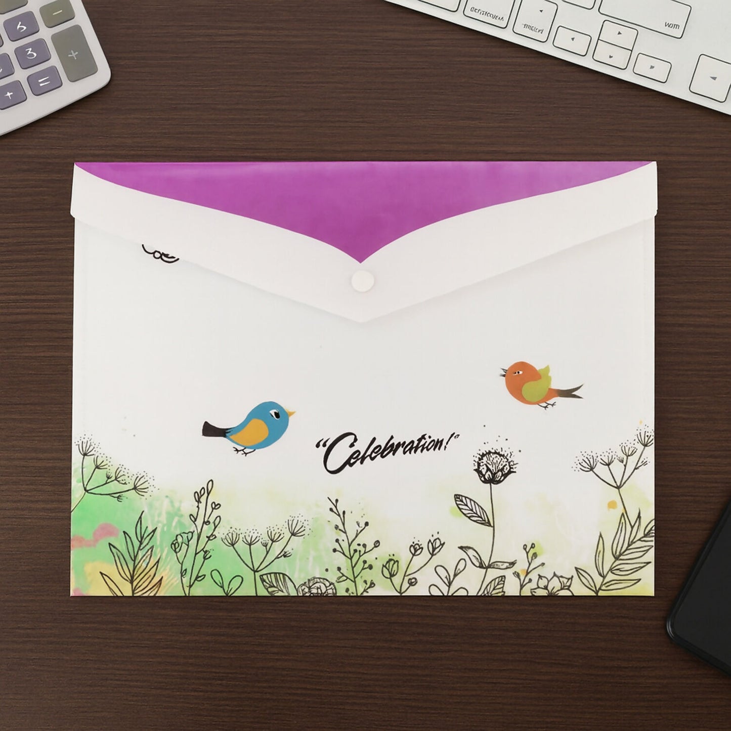 Wukusy Mix Design A4 printed document folder with decorative button closure, featuring colorful patterns and a secure closure.
