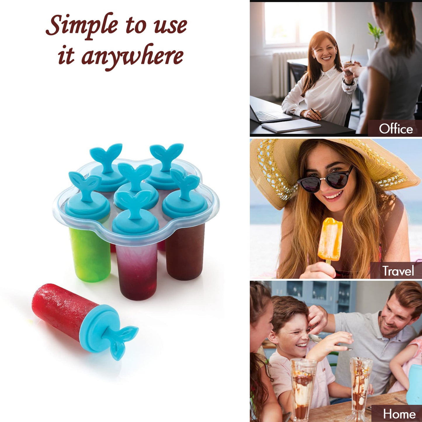 Wukusy 4825A 6-cavity ice candy maker for easy homemade ice candies, showing the plastic mold with colorful ice candies inside.