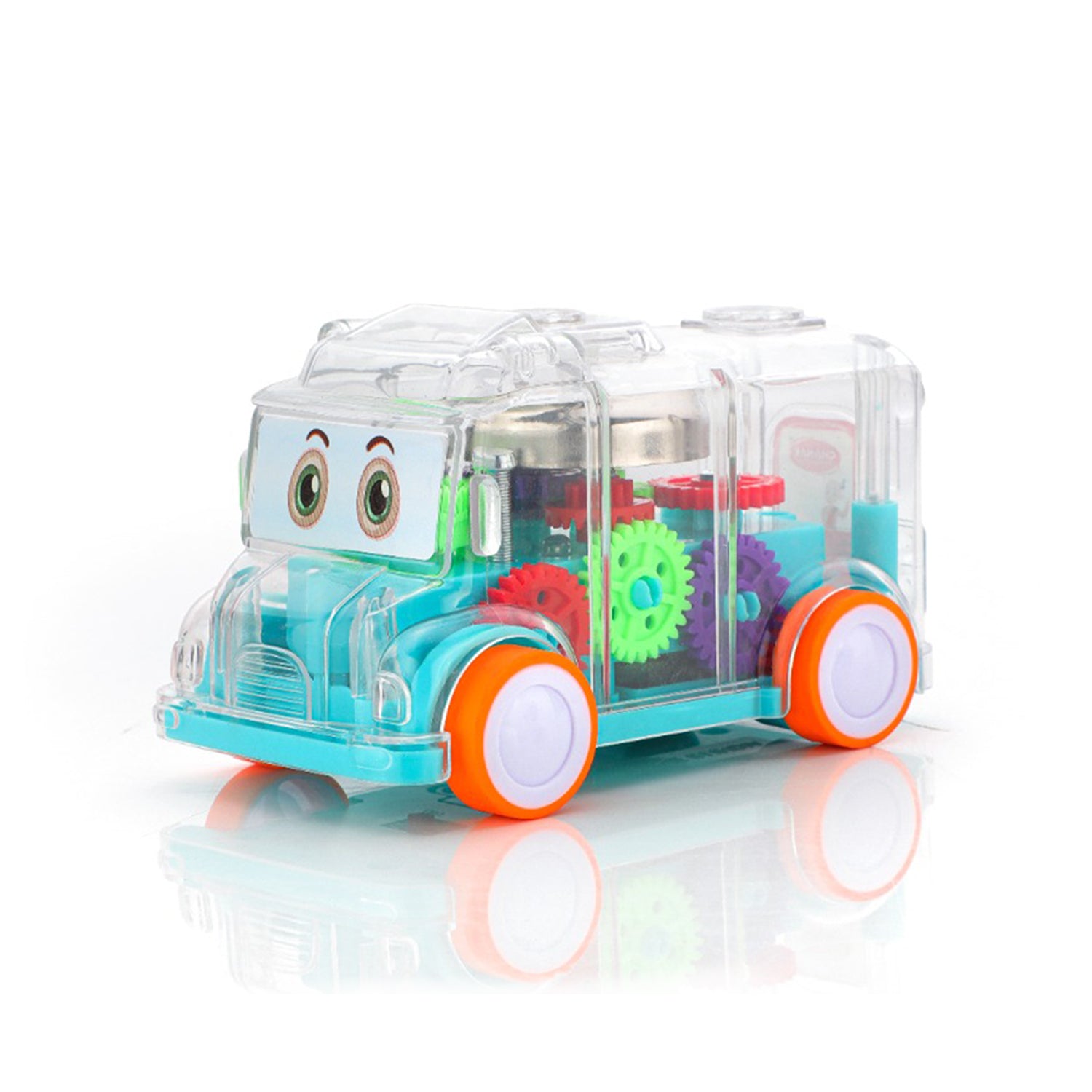 Wukusy 1996 transparent plastic musical mini school bus toy for kids, featuring colorful details and small size.