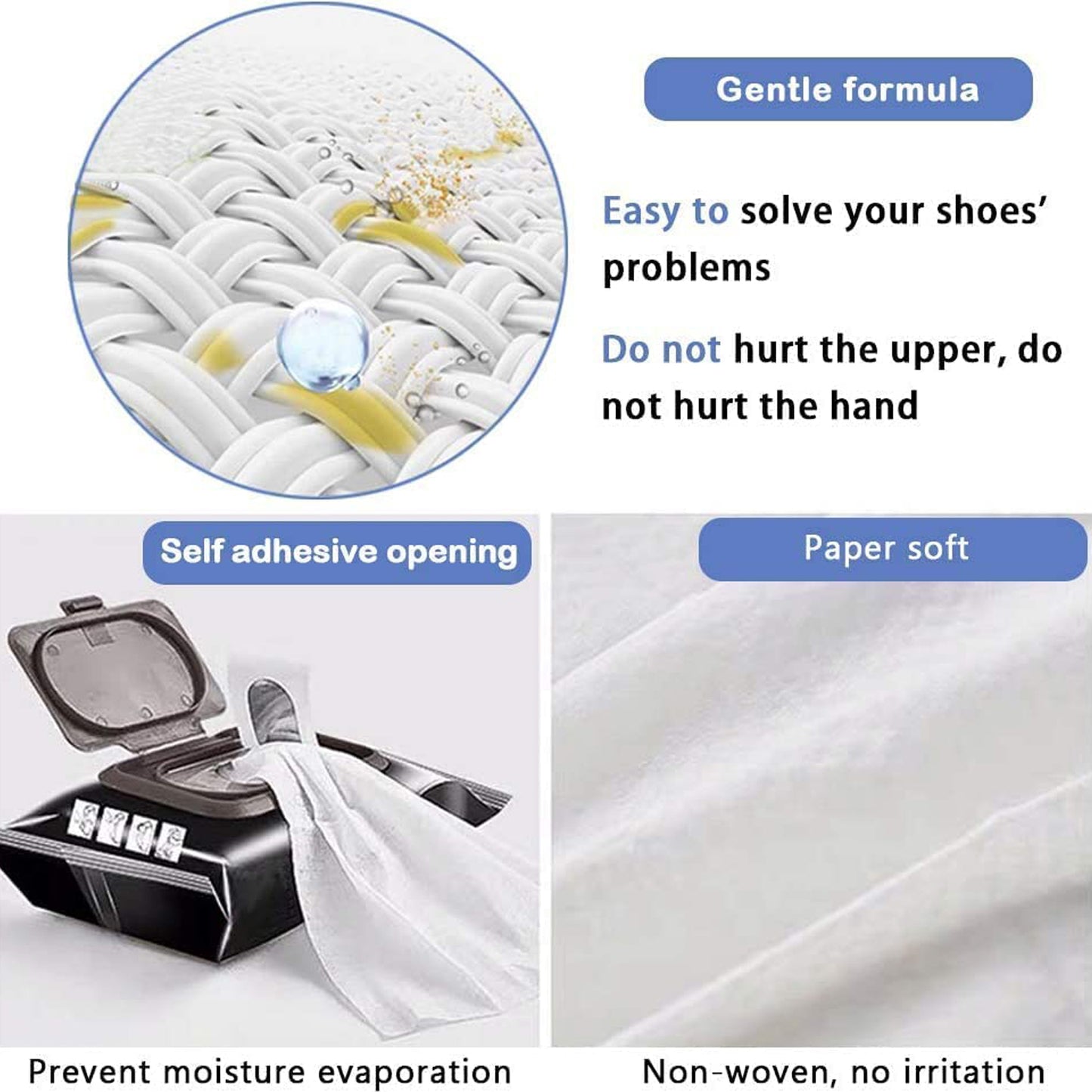 Wukusy shoe cleaning wet wipes for sneakers, fast scrubbing, removing dirt and stains from non-woven disposable wipes in a travel pack.