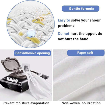 Wukusy shoe cleaning wet wipes for sneakers, fast scrubbing, removing dirt and stains from non-woven disposable wipes in a travel pack.