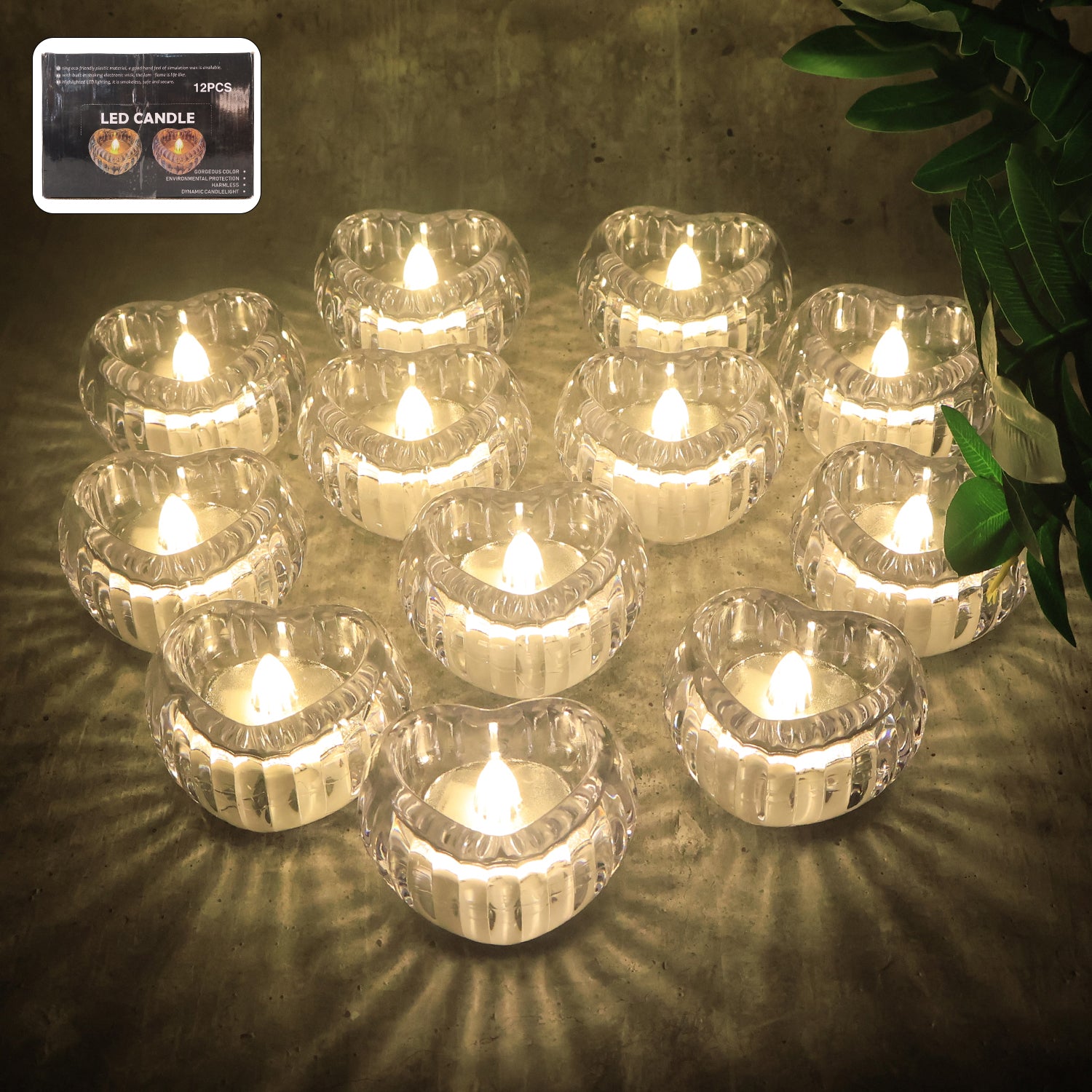 Set of 12 heart-shaped LED flameless decorative candles by Wukusy, featuring warm glow and realistic flickering effect.