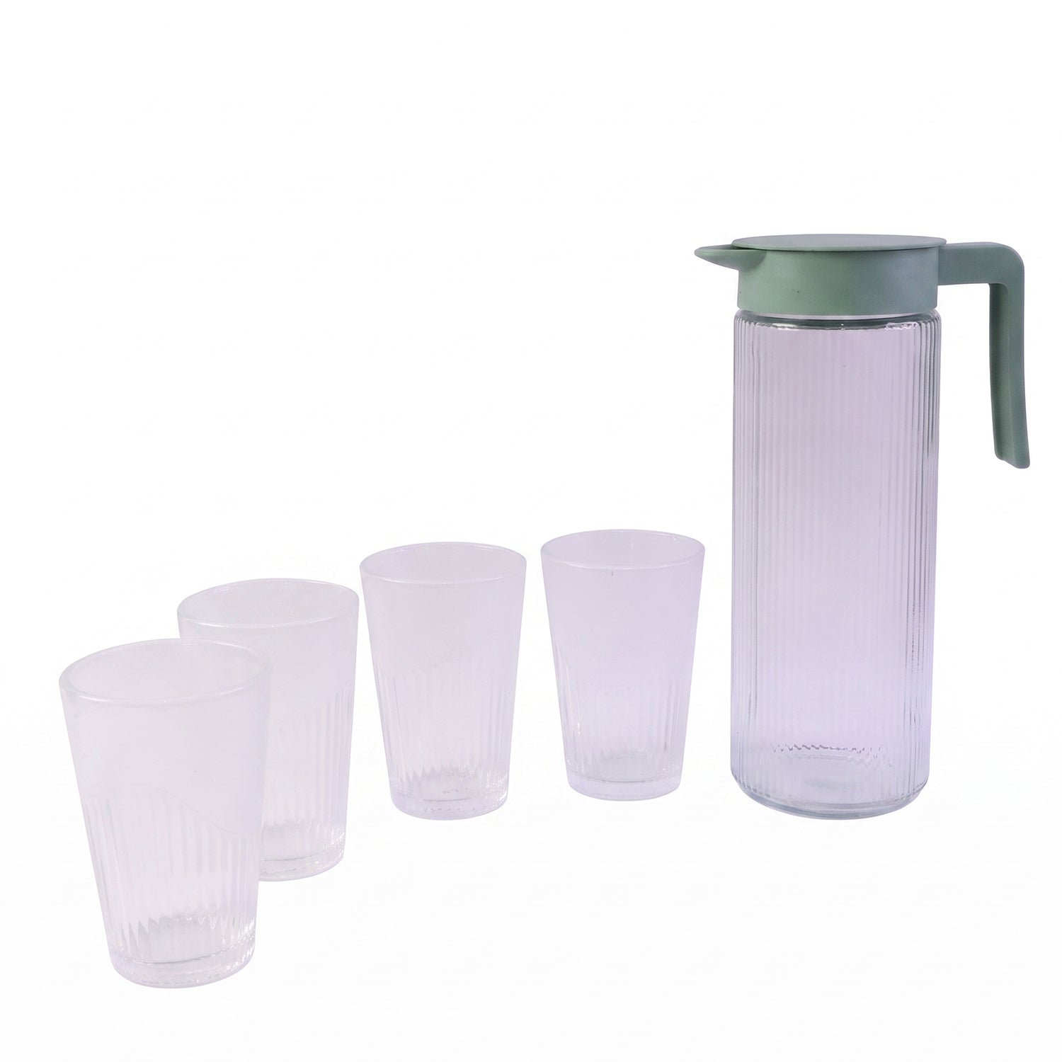 Wukusy glass water jug with lid and four matching ribbed glasses set, clear pitcher and glasses for serving beverages.