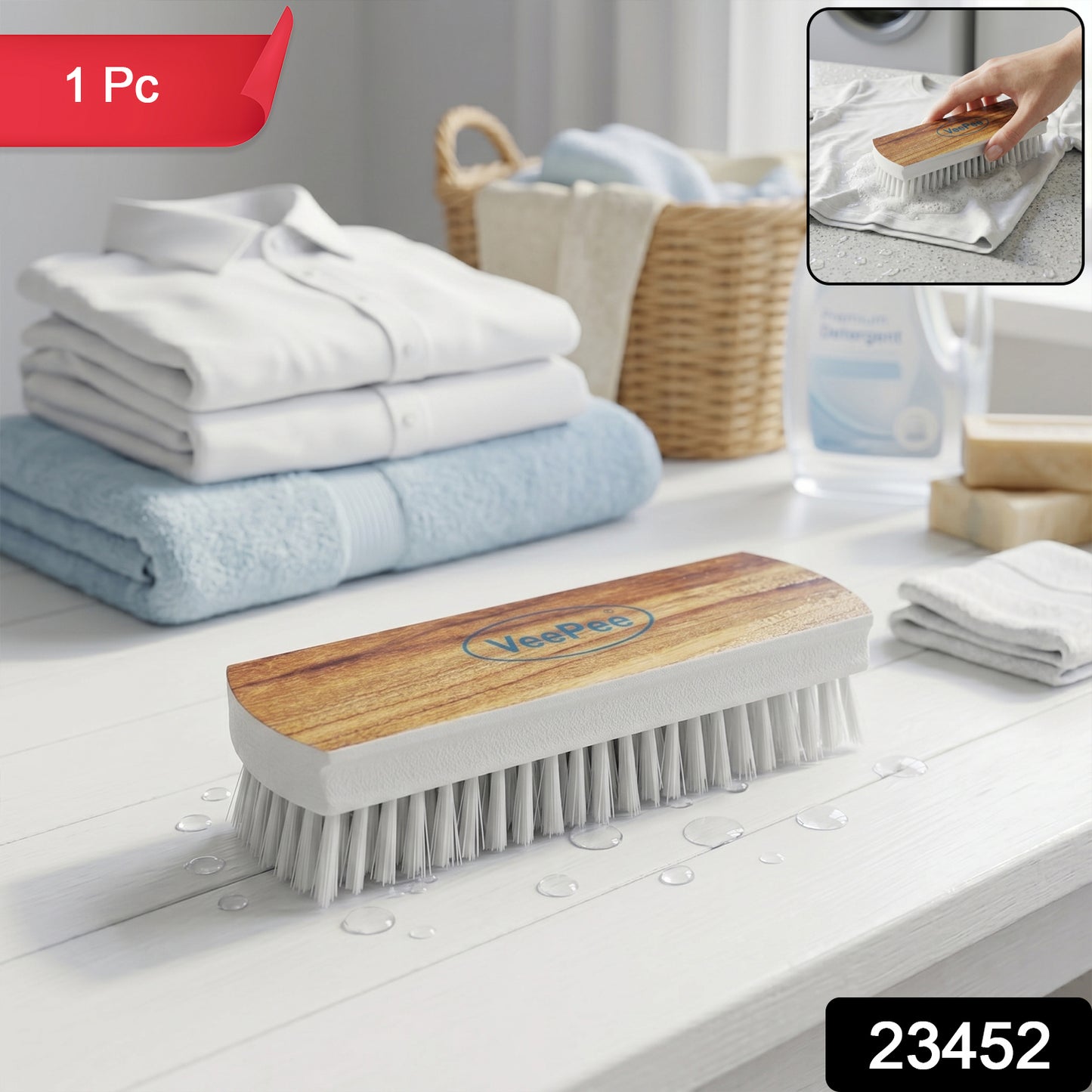 Wukusy Veepee cloth scrub brush with heavy-duty bristles and wooden handle, ideal for cleaning and washing tasks.