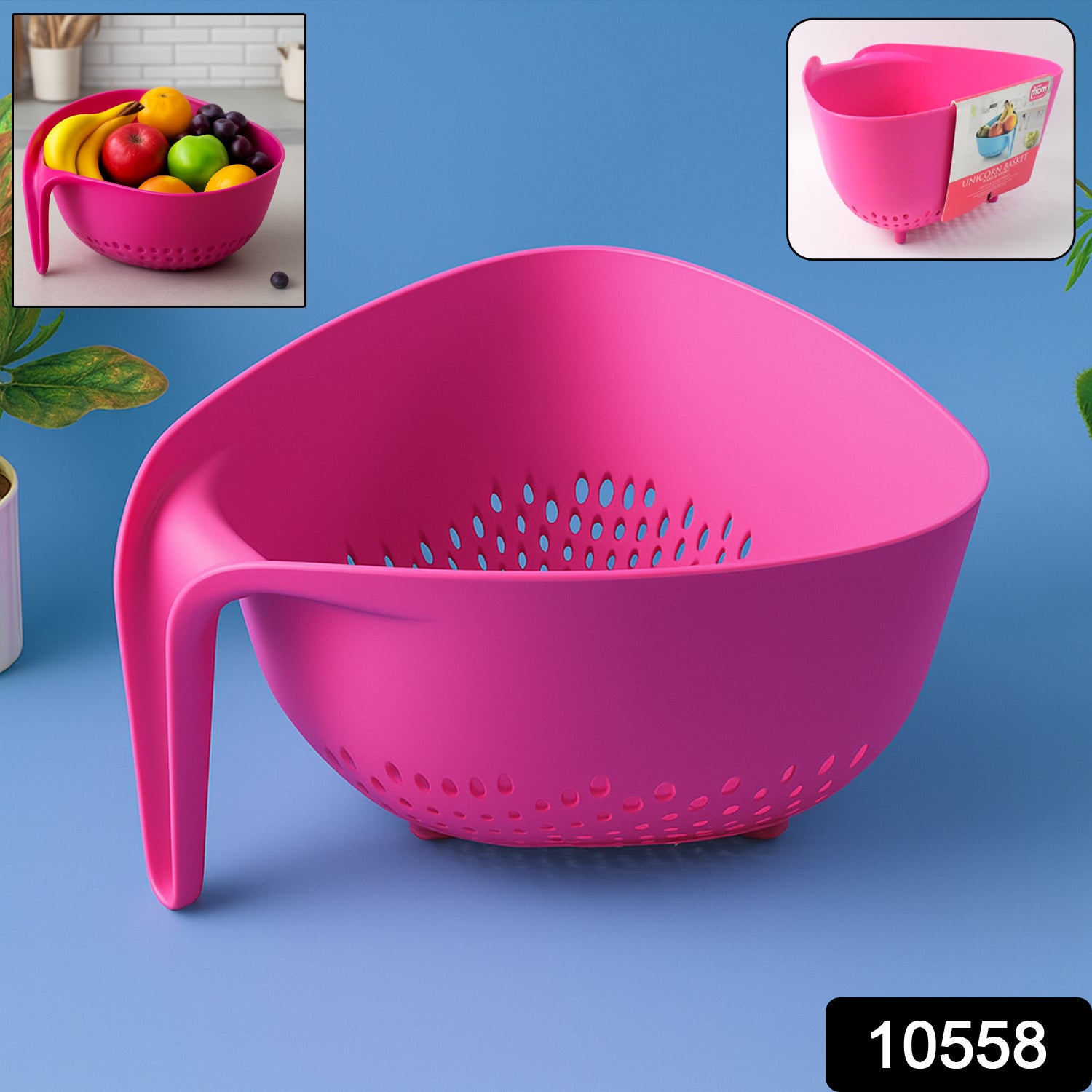 Wukusy Supermom premium triangular kitchen colander for draining pasta, vegetables, and fruits in home and kitchen use.