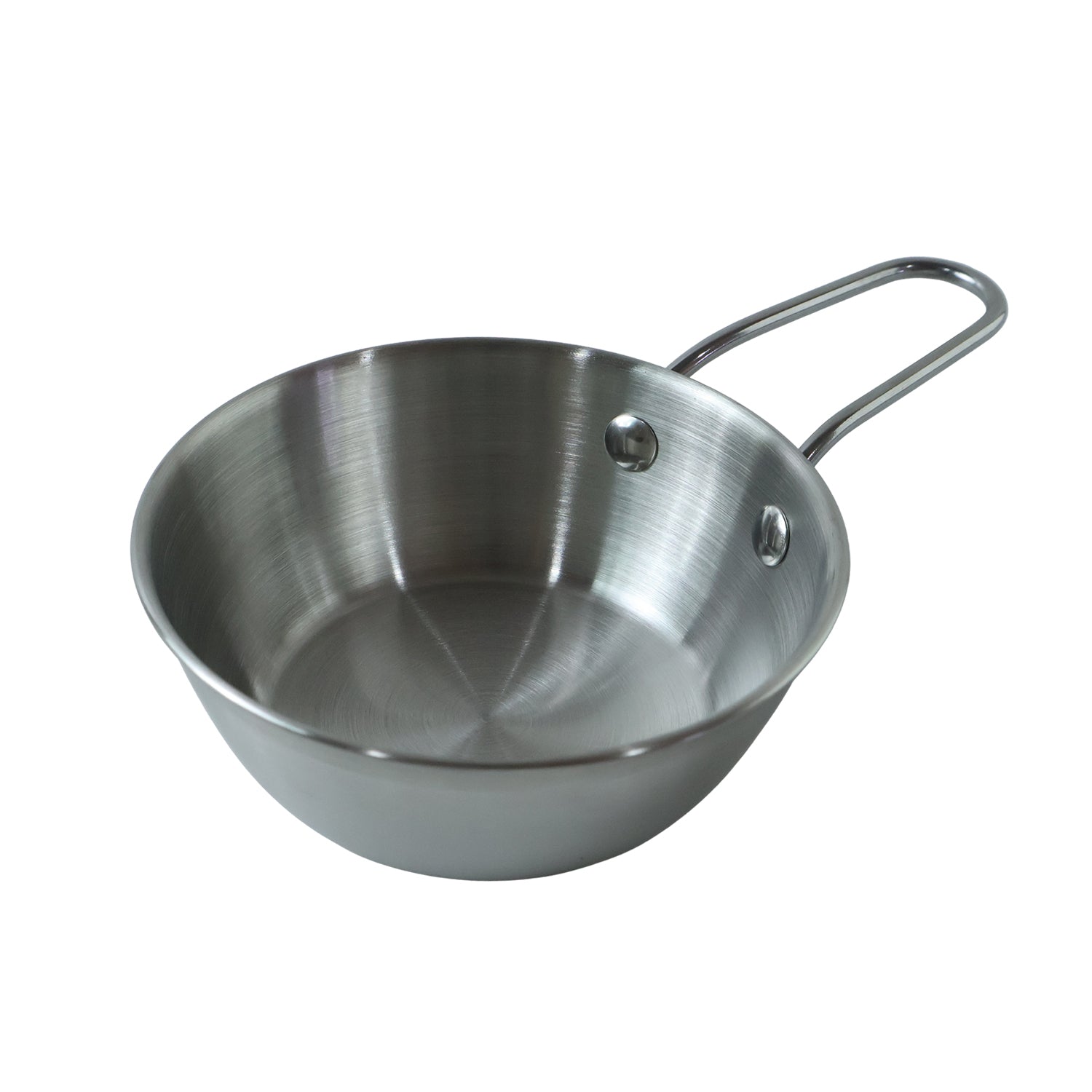 Stainless steel small tadka pan with long handle for tempering, 11 cm, shown on a kitchen countertop.