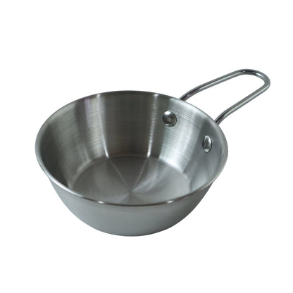Stainless steel small tadka pan with long handle for tempering, 11 cm, shown on a kitchen countertop.