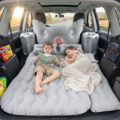 Wukusy portable car air mattress set with pig pillow and cushions, designed for travel comfort inside a vehicle.
