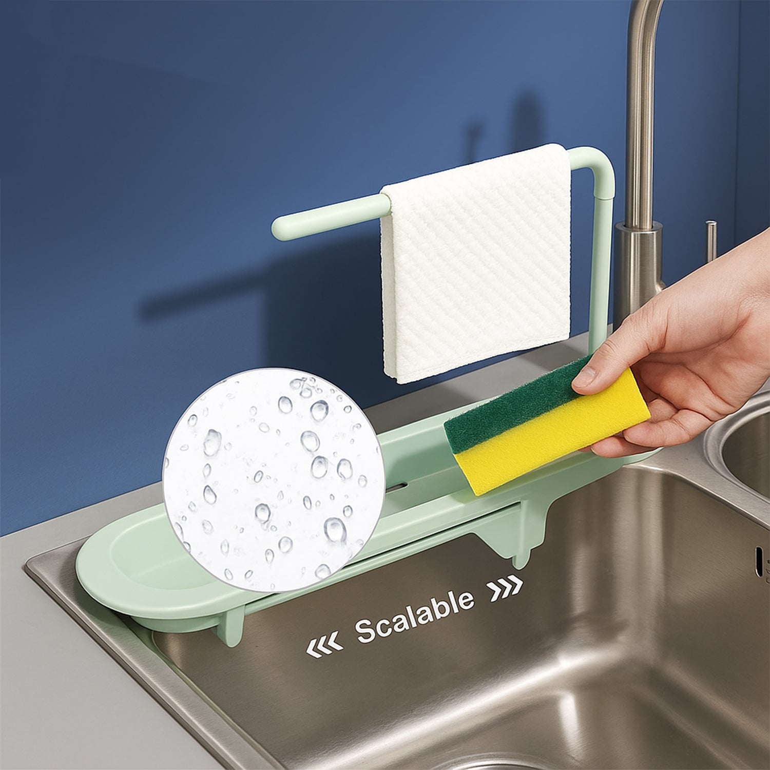 Plastic telescopic sink storage rack by Wukusy, adjustable to fit various sink sizes with multiple compartments for organization.
