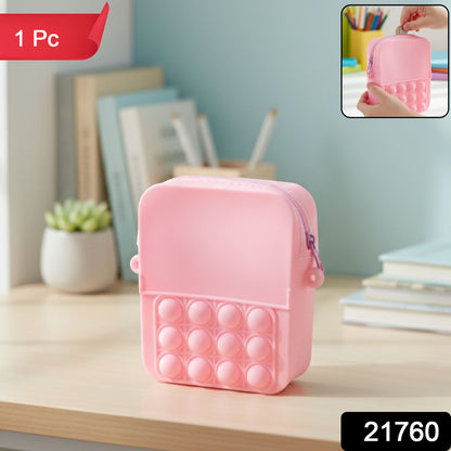 Kids Pop It Fidget Shoulder Bag by Wukusy with colorful silicone pop it design and adjustable strap for children.