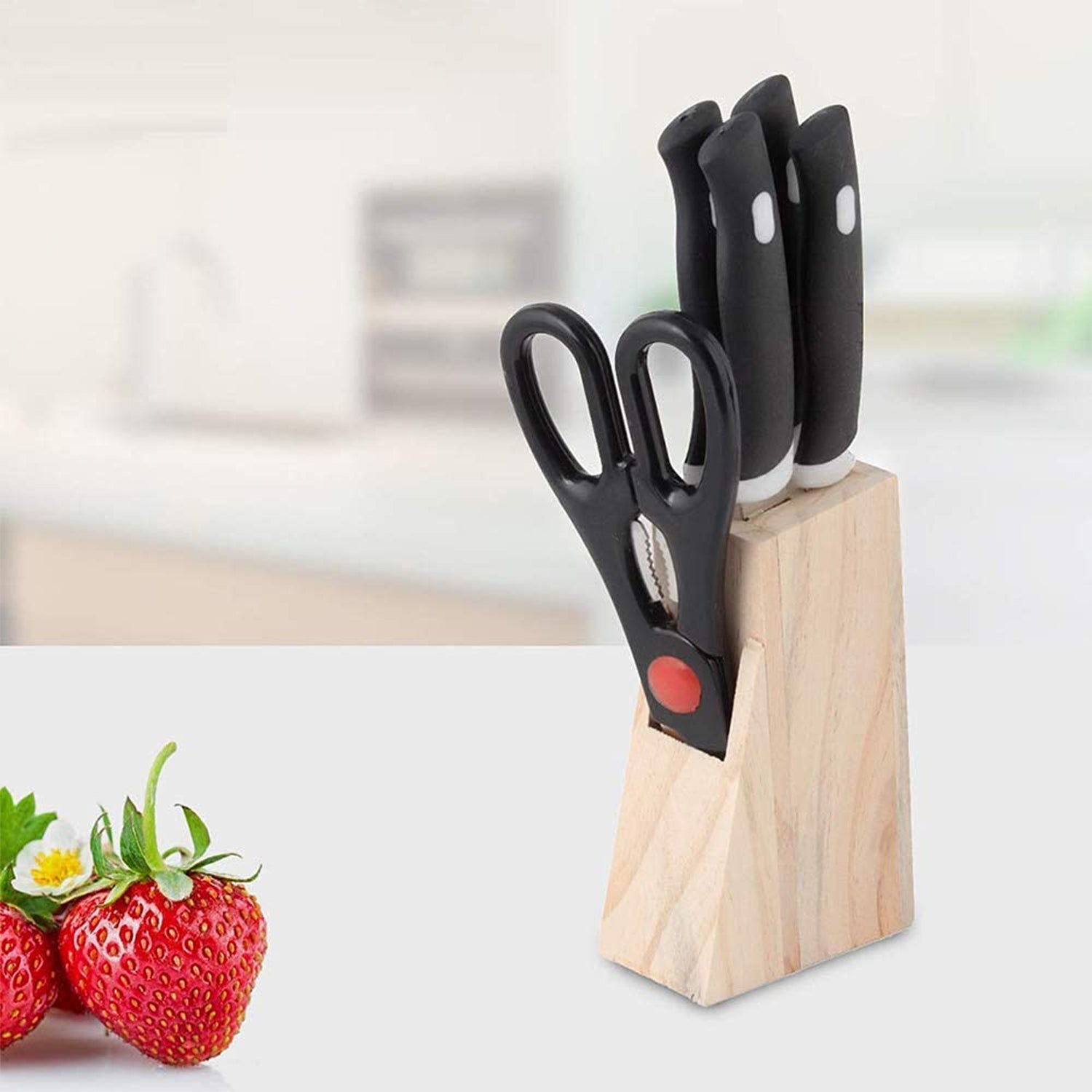 Wukusy 5-piece black kitchen knife set with wooden block and scissors, showcasing sharp blades and ergonomic handles.
