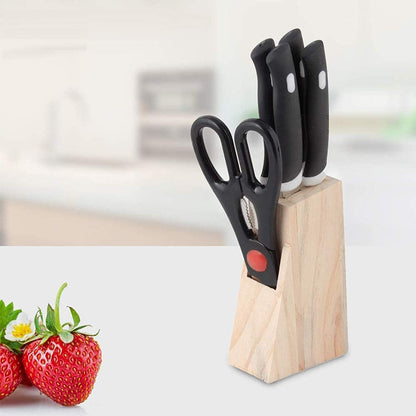 Wukusy 5-piece black kitchen knife set with wooden block and scissors, showcasing sharp blades and ergonomic handles.