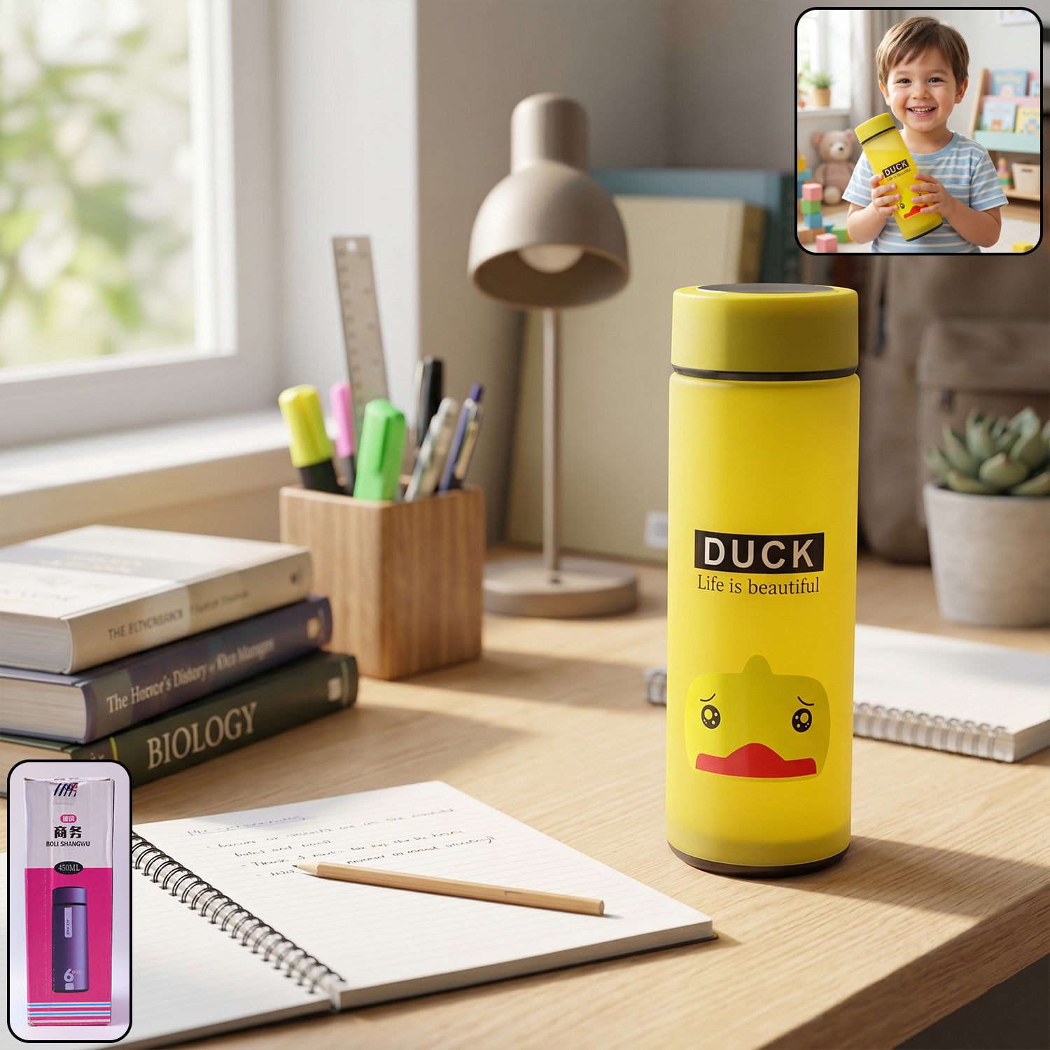 Wukusy cute cartoon design frosted glass water bottle with leak-proof lid, 450ml capacity, featuring colorful character illustrations.