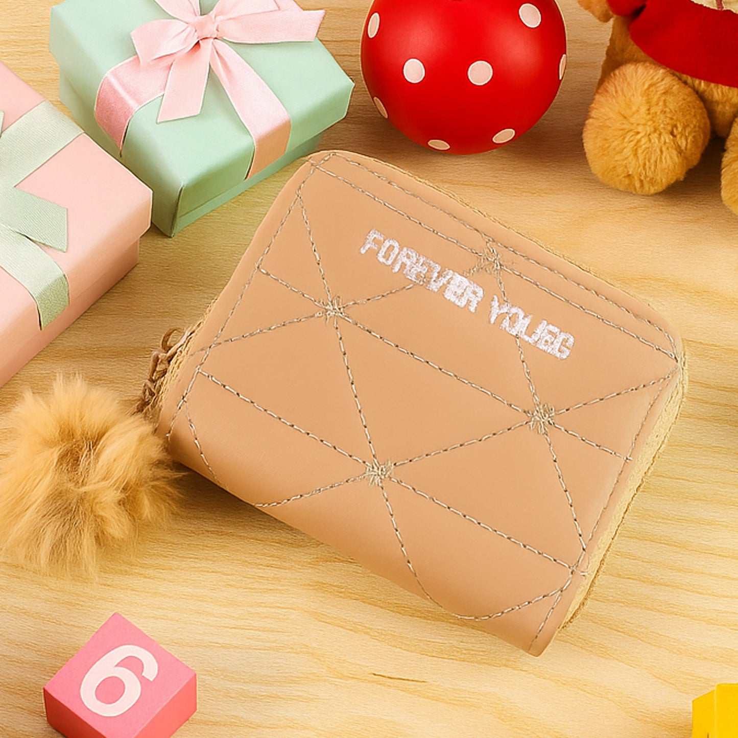 Kids travel wallet by Wukusy with soft fur zip puller, featuring multiple compartments for coins and cards.