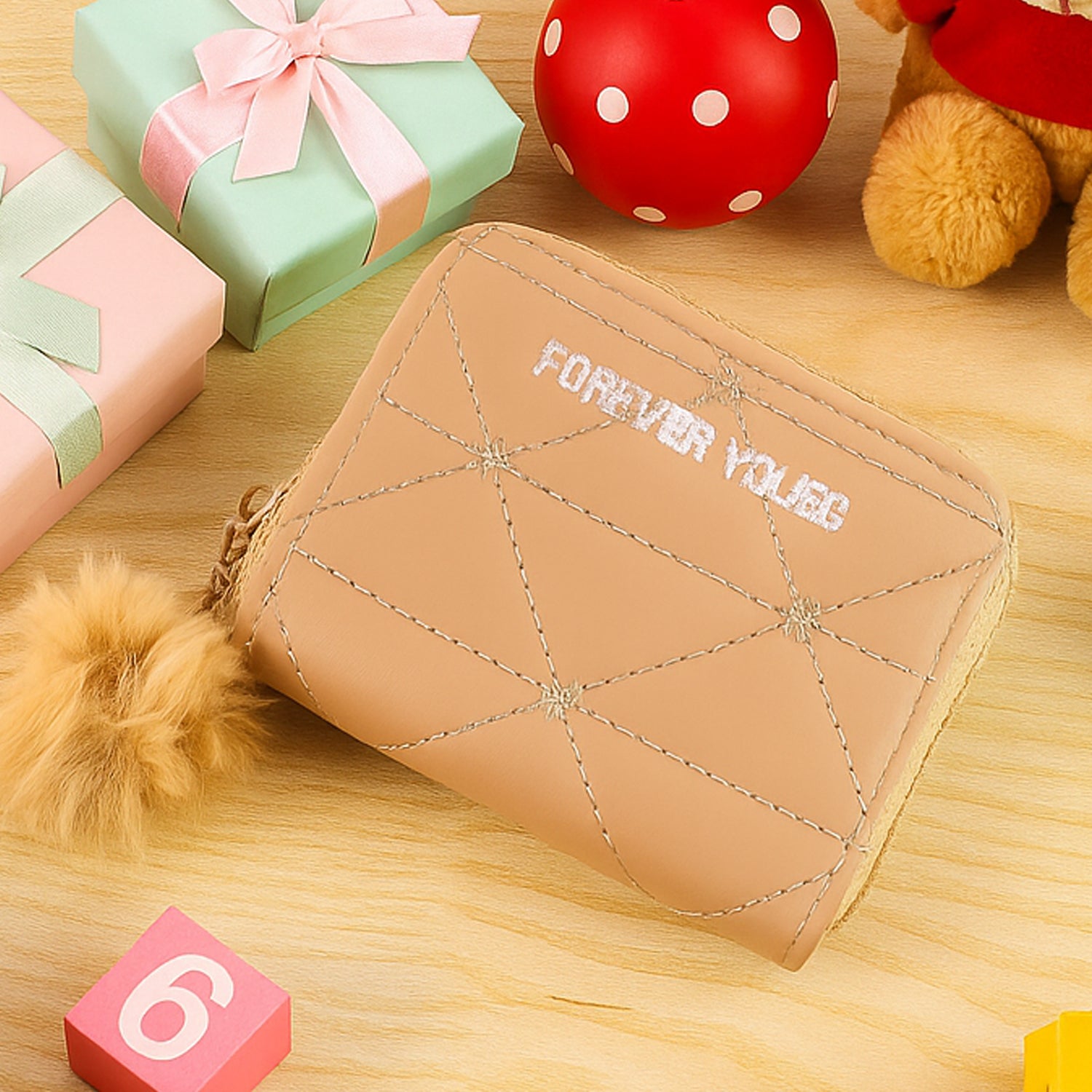 Kids travel wallet by Wukusy with soft fur zip puller, featuring multiple compartments for coins and cards.