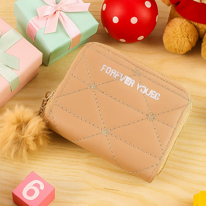 Kids travel wallet by Wukusy with soft fur zip puller, featuring multiple compartments for coins and cards.