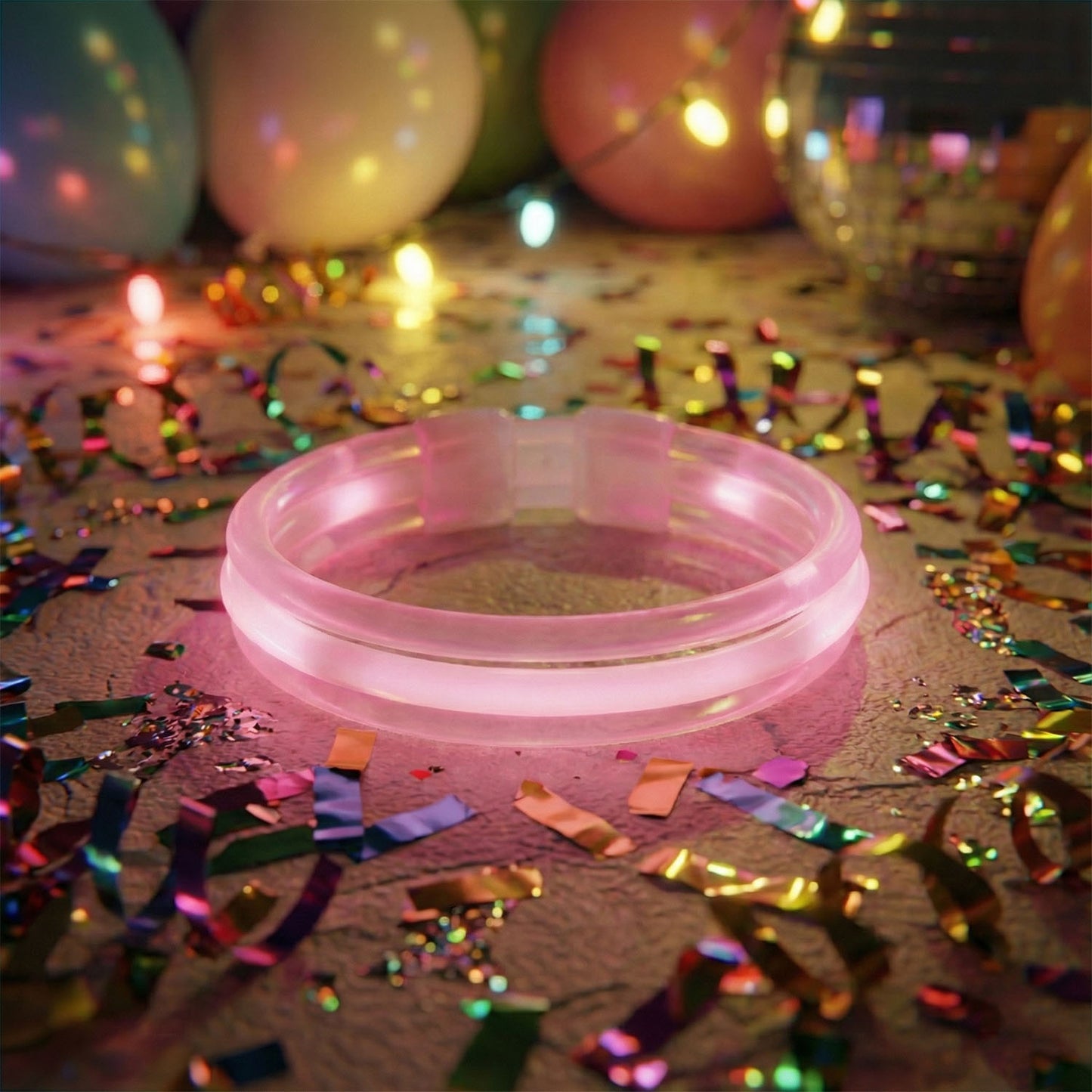 Wukusy 3-in-1 glow bracelet emitting colorful LED light, adjustable strap, suitable for parties and nighttime events.