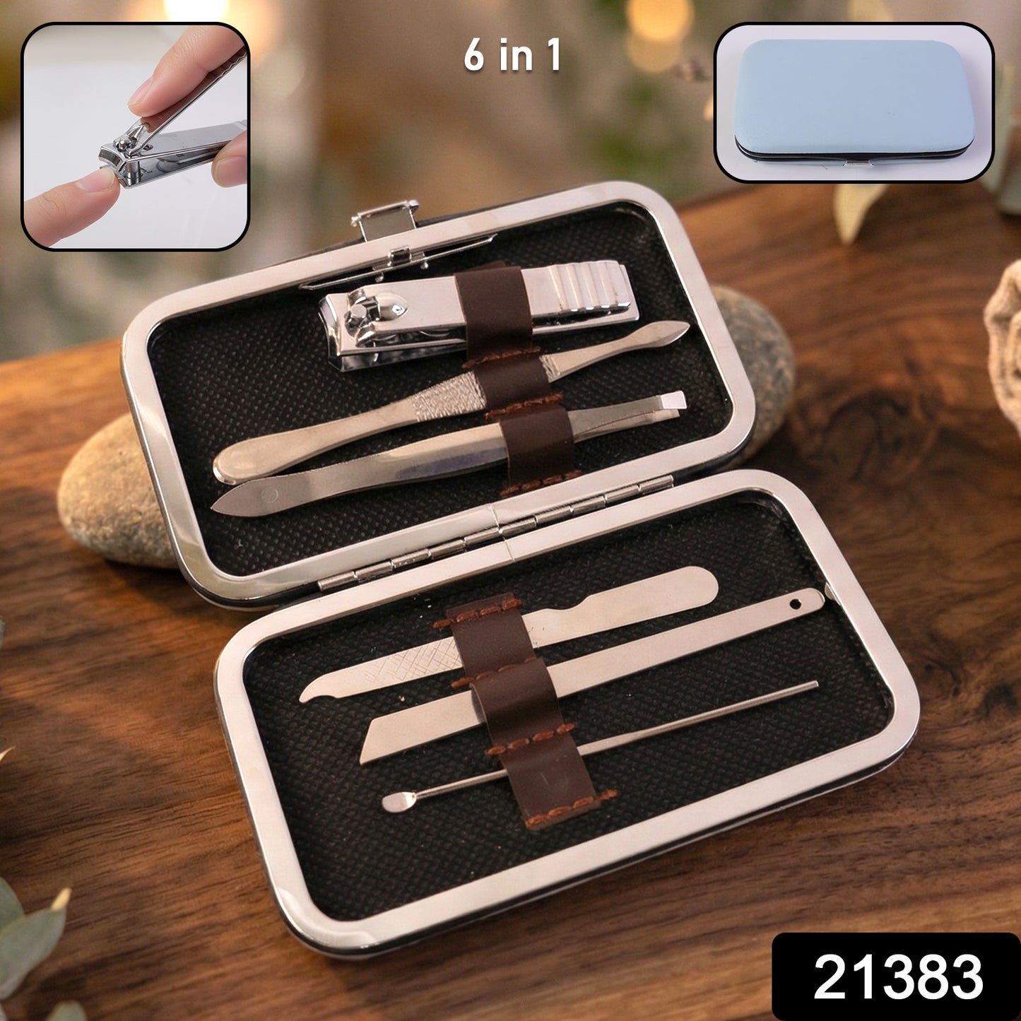 Wukusy 6-in-1 premium nail care manicure and pedicure grooming kit with multiple tools for nail trimming and shaping.