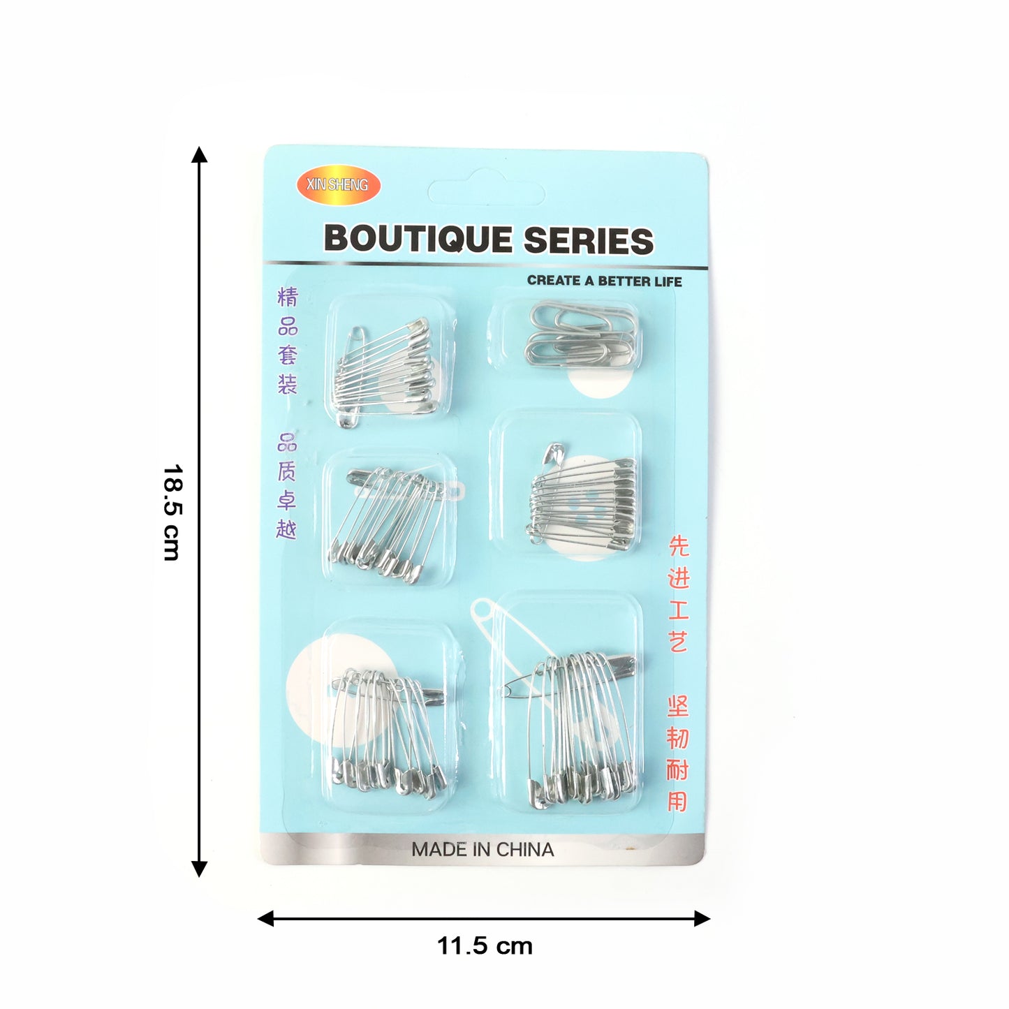 Wukusy multipurpose metal safety pin assortment set with various sizes on a white background