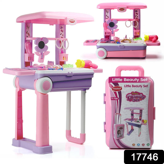 Wukusy Big Beauty Set Suitcase on wheels with 25 makeup pieces, portable toy beauty kit for girls, easy to clean and BPA approved